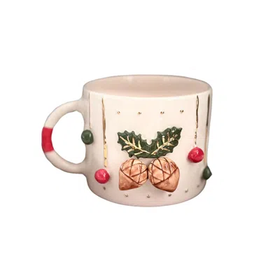 Anatoliacraft Brown / Green Handcrafted Pinecone & Holly Ceramic Mug With Gold Detailing