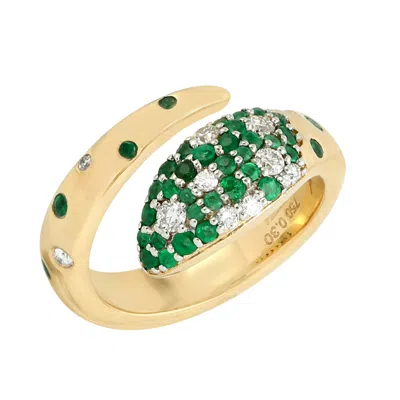 Artisan Women's White / Gold / Green Natural Emerald & Diamond Snake Between The Finger Ring In Gold