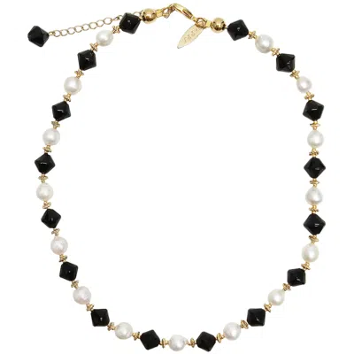 Farra Women's Black / White Black Obsidian And White Pearls Short Necklace