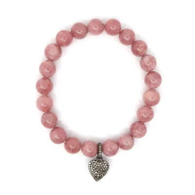 Shar Oke Women's Pink / Purple / Silver Pink Opal & Diamonds Heart Charm Beaded Bracelet