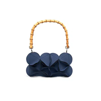 Elemood_japan Women's Blossom Rectangle Wallet Bag Blue With Light Bamboo Handle