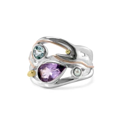 Isla Silver Women's Blue / Pink / Purple Sterling Silver Amethyst Ring With Blue Topaz & Freshwater Pearl