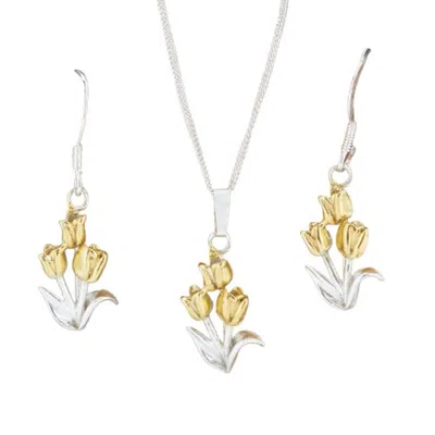 Simon Kemp Jewellers Women's Tulip Set Of Matching Necklace And Earrings Eighteen Carat Gold On Silver
