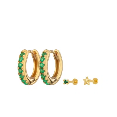 Scream Pretty Women's Gold / Green Gold And Green Dream Earring Stacking Set - Huggie Earrings And Flat Backs