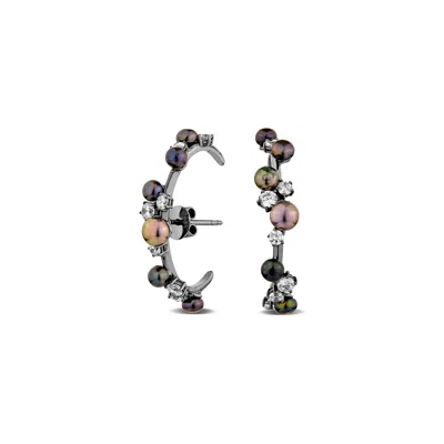 Sally Skoufis Women's White / Black Eclipse Earrings With Natural Black Pearl & Man Made Cz Diamond Stimulant In S