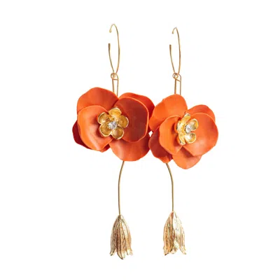 Ziolla Designs Women's Yellow / Orange Orange Flower Drop Earrings With Gold Bell Flower Charms