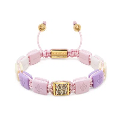 Nialaya Women's White, Lavender & Soft Pink Ceramic Flatbead Bracelet With Gold Cz