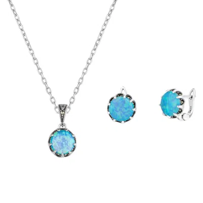 Spero London Women's High Quality Round Opal Sterling Silver Earring & Necklace Set - Light Blue