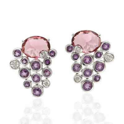 Artisan Women's White / Pink / Purple Pink Tourmaline & Amethyst Bezel Diamond In White Gold Stud Earrings