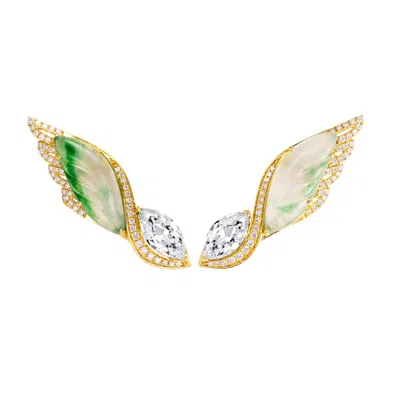 Jiaying Wang Wjy Studio London Women's Gold / White / Green Angel Wing Jade Diamond Earring