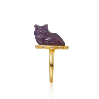 Jiaying Wang Wjy Studio London Women's Gold / Pink / Purple Handmade Engraved Owl  Amethyst Gemstones Ring