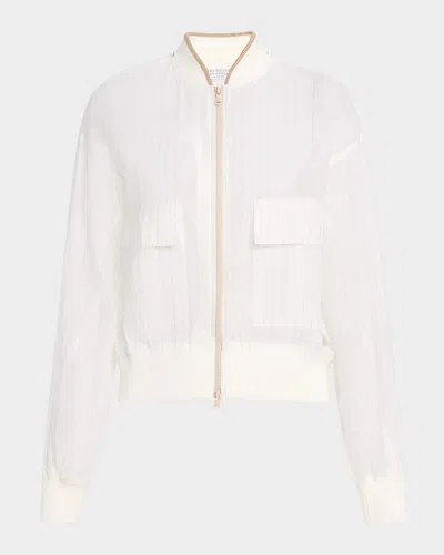 Brunello Cucinelli Pinstriped Cotton Gauze Bomber Jacket In White
