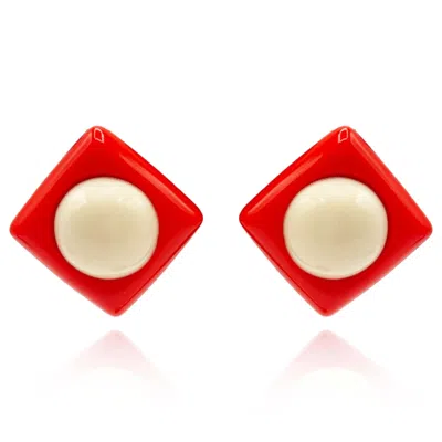 Michael Nash Jewelry Women's Neutrals / Yellow / Orange Orange Resin Square Clip On Earrings With Ivory Dome Center