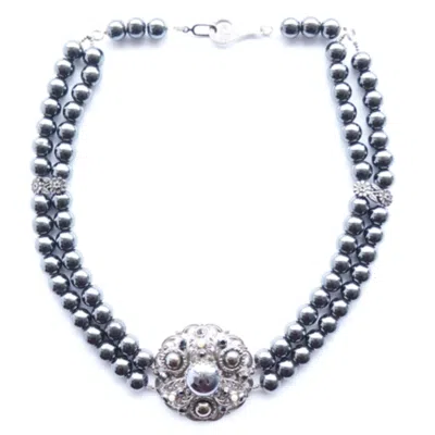 Way To Chic Women's Black One Of A Kind Hematite Necklace With Matching Vintage Pendant Brooch