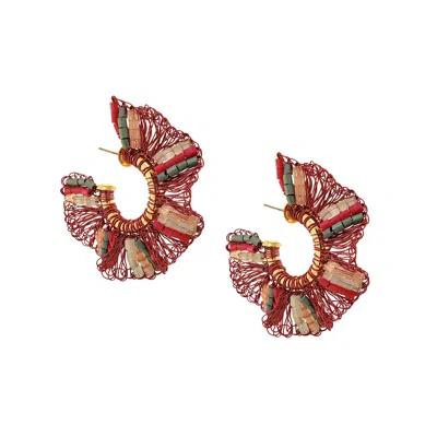 Lavish By Tricia Milaneze Women's Neutrals / Green / Red Sunset Coral Mix Gaia Hoops Handmade Crochet Earrings