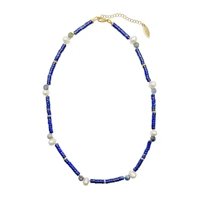 Farra Women's Blue Lapis With Teardrop Pearls Dainty Necklace