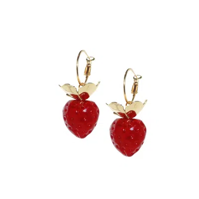 I'mmany London Women's Red Strawberry Fields Jumbo Glass Strawberry And Golden Hoop Earrings