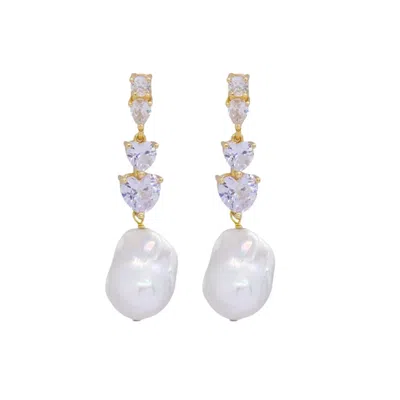 Valerie Chic Women's White / Gold Baroque Pearl Endless Love Crystal Heart Earrings