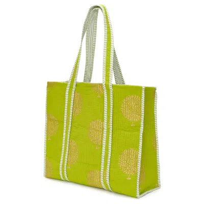 At Last... Women's Green / Gold Large Cotton Tote Bag In Lime & Gold
