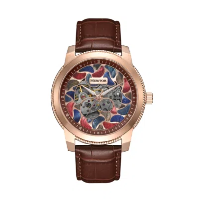 Heritor Automatic Men's Brown / Rose Gold Emmanuel Semi-skeleton Leather-band Watch - Brown, Rose Gold