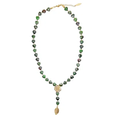 Farra Women's Heart Shaped Green Gemstone With Daisy Flower Necklace