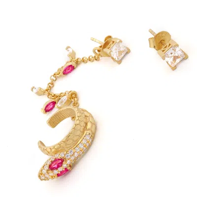 Ebru Jewelry Women's Gold / Pink / Purple Diamond & Ruby Cuff Snake & Stud Unique Fashion Gold Earrings - Pink