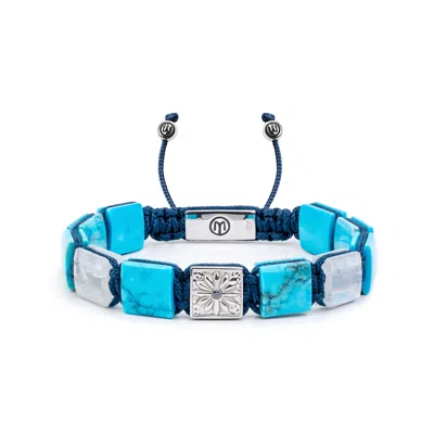 Mahigan Men's White / Silver / Blue Silver Flat-bead Bracelet With Turquoise & Rainbow Moonstone