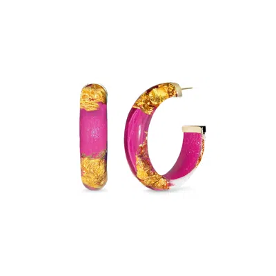 Gold & Honey Women's Gold / Pink / Purple Gold Leaf Hoop Earrings In Dahlia Pink