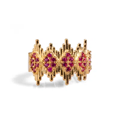 Ebru Jewelry Women's Gold / Pink / Purple Ruby Stone & Gold Crown Adjustable Statement Ring - Pink