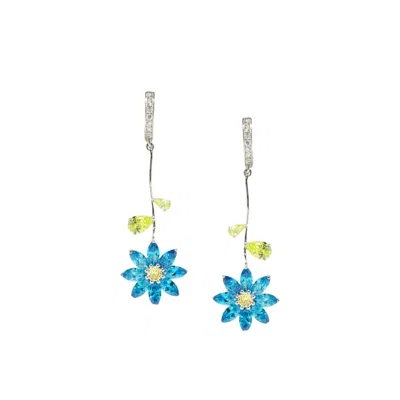 I'mmany London Women's Garden Tales Crystal Daisy Drop Earring With Pave Hoops, Aqua Blue