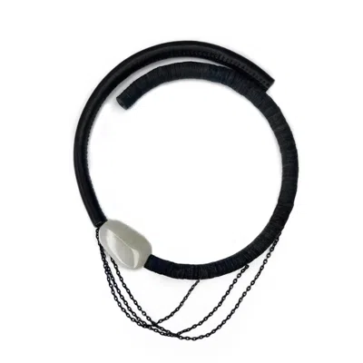 Waiwai Women's Black Leather Choker With White Jade