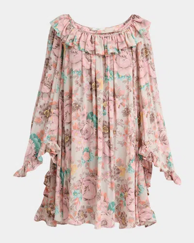 Chloé Bouquet-printed Organic Silk Crepe De Chine Mini Cape Dress In Pink