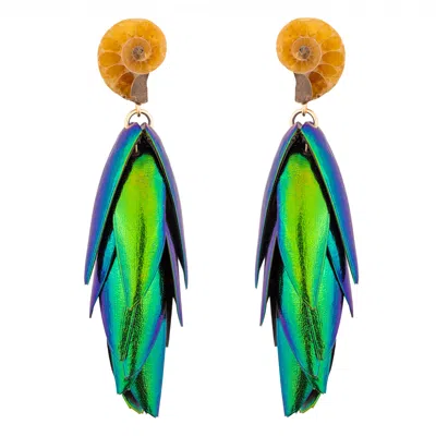 Oanasavu.creations Women's Gold / Green / Yellow Beetle Earrings Gold Ear Studs Natural Recycled Green Wings Small Ammo
