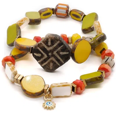 Ebru Jewelry Women's Yellow / Orange / Brown Unique African Bracelet Set - Yellow