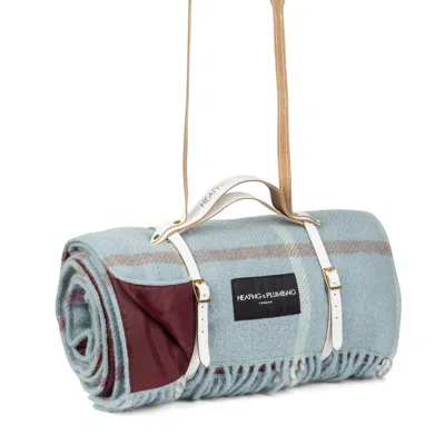Heating & Plumbing London Blue Duck Egg Checked Pure New Wool Picnic Blanket With Long White Strap