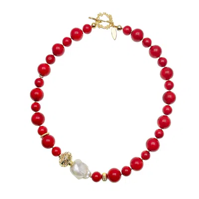 Farra Women's Red Coral With Baroque Pearl Statement Necklace