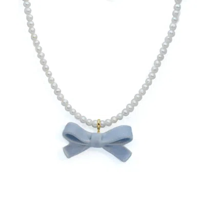 H2 Studio Women's Gold / White / Blue Bowtie Maniac Medium Ribbon Bowtie Round Freshwater Pearl Necklaces Forg