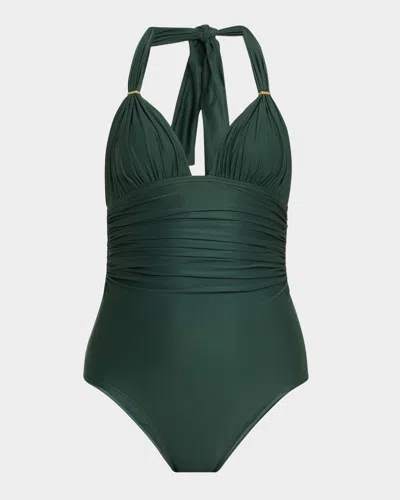 Lenny Niemeyer Ruched Halter One-piece Swimsuit In Green