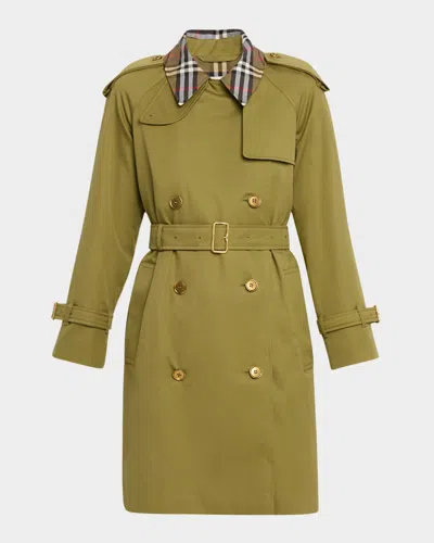 Burberry Castleford Check-collar Belted Double-breasted Trench Coat In Green