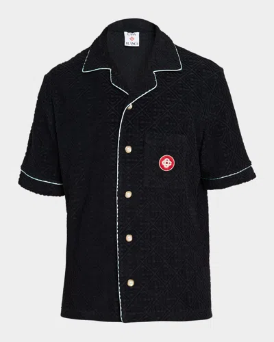 Casablanca Black Shirt With Classic Lapels And All-over Embossed Monogram In Black