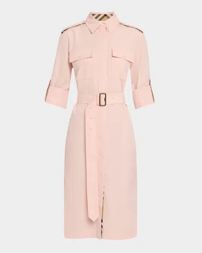 Burberry Check-trim Short-sleeve Belted Shirtdress In Pink