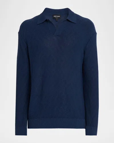 Giorgio Armani Micro Jacquard Virgin Wool And Viscose Polo Jumper In Blue