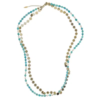 Farra Women's Green Amazonite With Flower Chain Double Layers Necklace