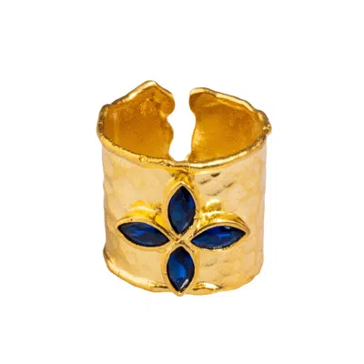 Ebru Jewelry Women's Gold / Blue Floral Sapphire Stone Gold Band Design Statement Ring - Blue