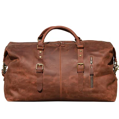 Touri Men's Zip Detail Genuine Leather Holdall Weekender - Brown