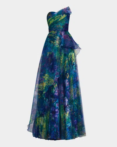 Theia Taya Strapless Organza Gown In Blue