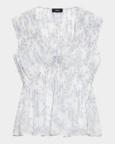 Theory Ruched Sleeveless Top In Floral Silk