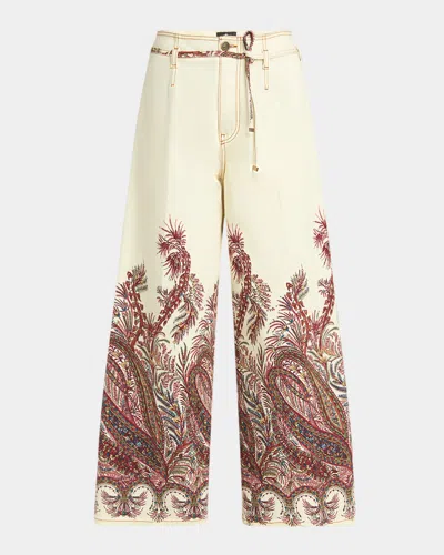 Etro Romantic Pink Drawstring Wide-leg Denim Pants In White