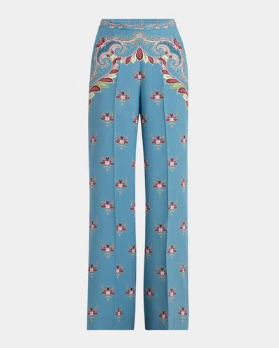 Etro Largo Floral Paisley Silk Straight-leg Pants In Blue