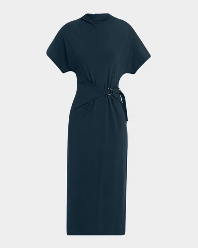 Brunello Cucinelli Drape Short-sleeve Wool Jersey Midi Wrap Dress In Blue